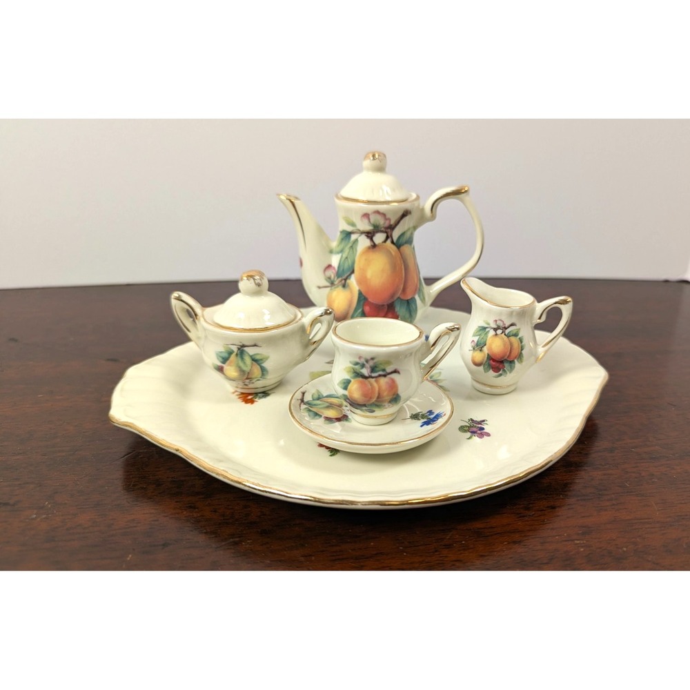 Miniature Porcelain Tea Set Fruit Floral Gold Trim 8pc Tray Teapot Creamer Sugar